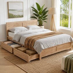 Double Bed Frame with 2 Storage Drawers Wooden Bedroom Furniture Queen Size Base