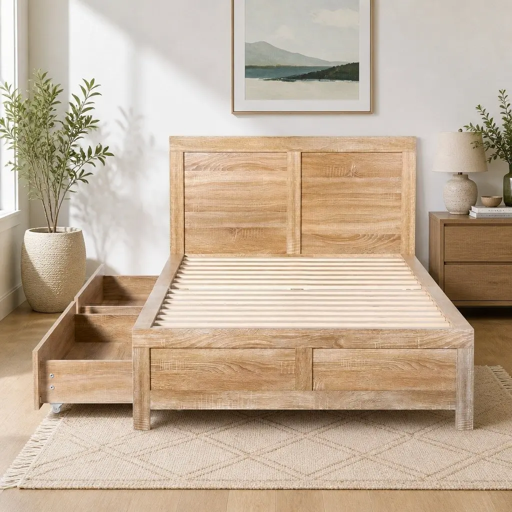 King Single Bed Frame with 2 Storage Drawers Wooden Bedroom Furniture