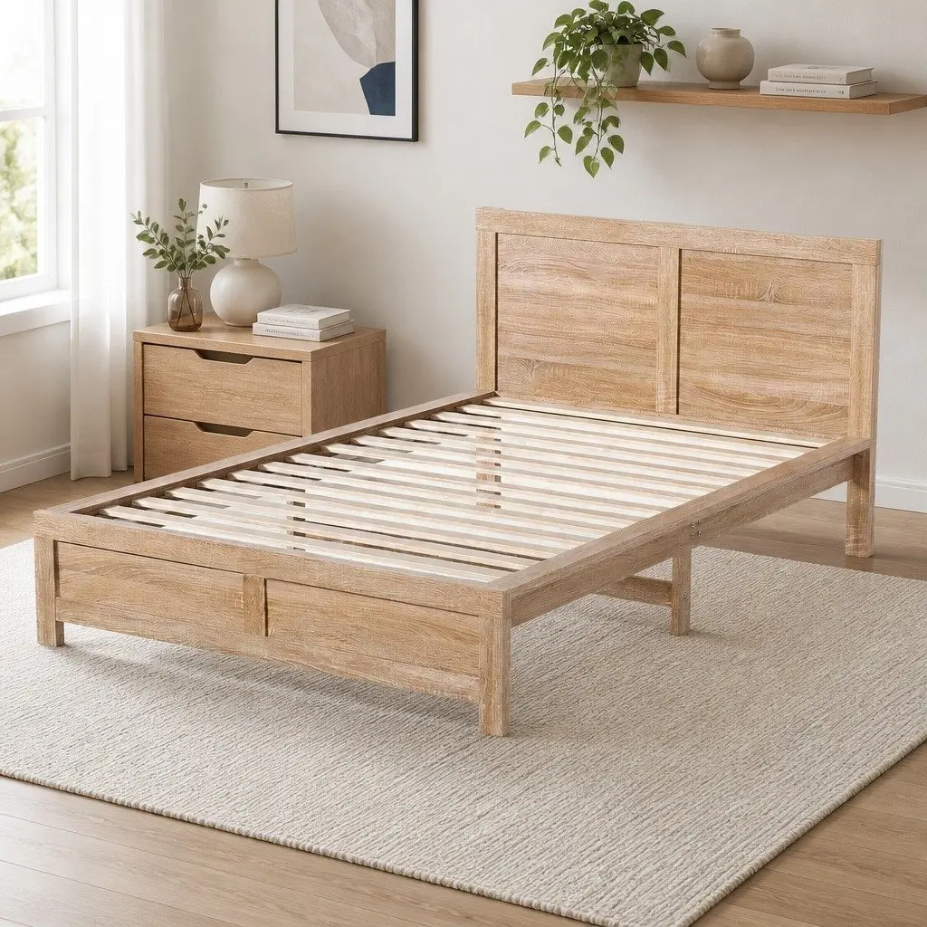 Single Bed Frame Wooden Base Walnut Colour Sleeper For Adults Kids Bedroom
