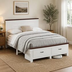 Double Bed Frame with Headboard Storage Drawers White Wooden Platform Bedroom
