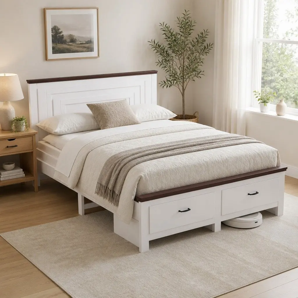 Queen Wooden Bed Frame Tall Headboard 108cm with 2 Storage Drawers White