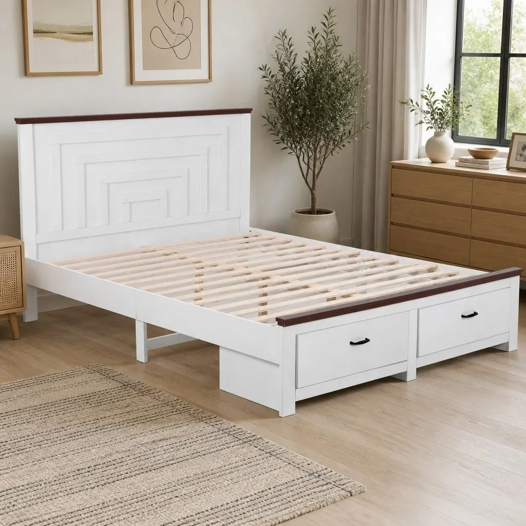 Queen Wooden Bed Frame Tall Headboard 108cm with 2 Storage Drawers White