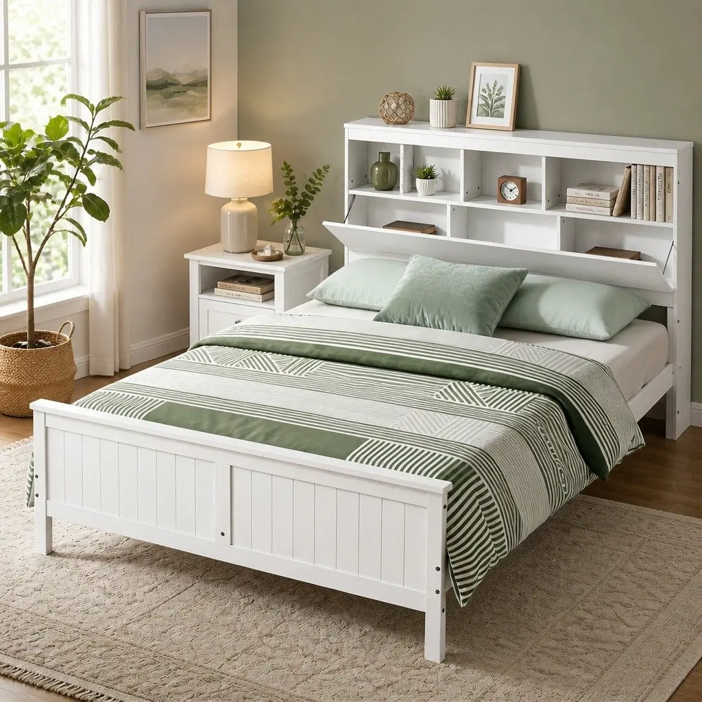Queen Bed Frame with Storage Headboard and Footboard, Wooden Bed Base White