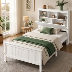 Single Bed Frame with Storage Headboard Footboard Wooden Base White Bedroom