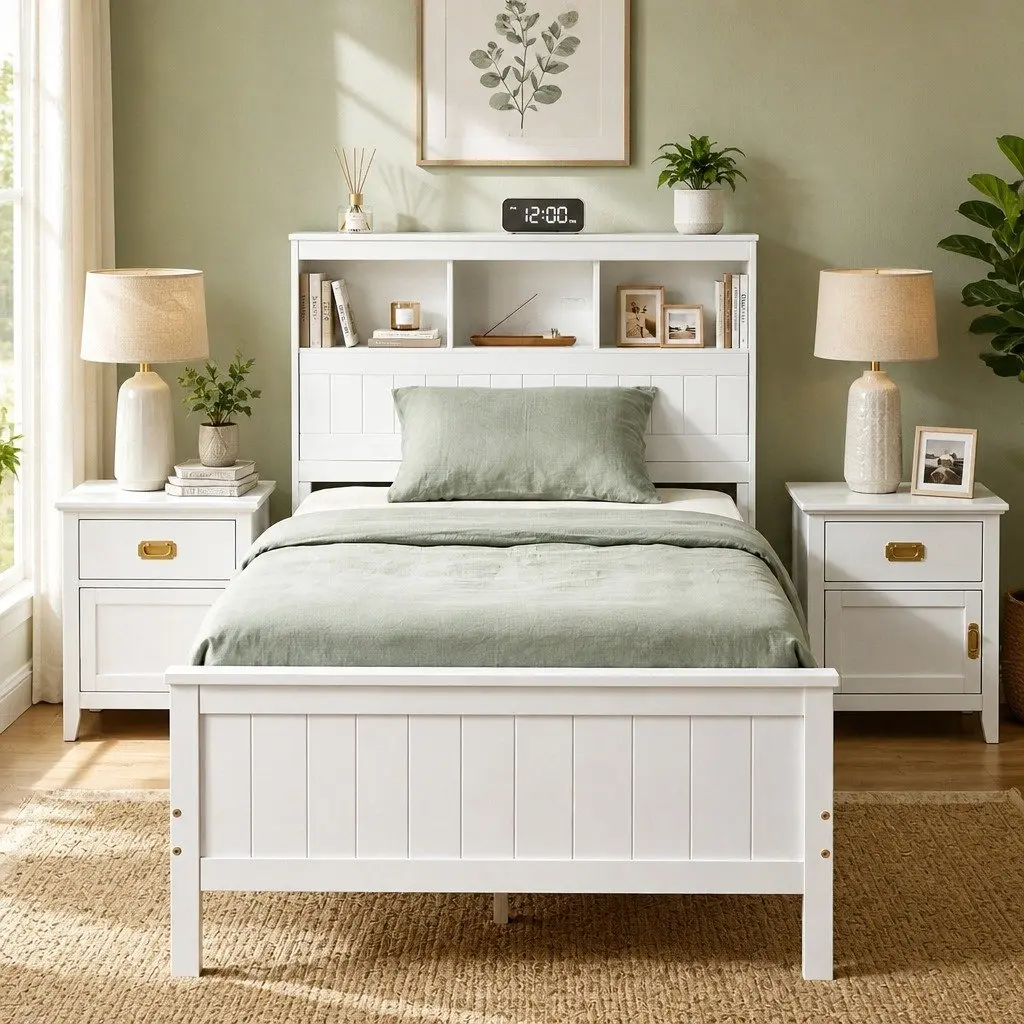 Single Bed Frame with Storage Headboard Footboard Wooden Bed Base White