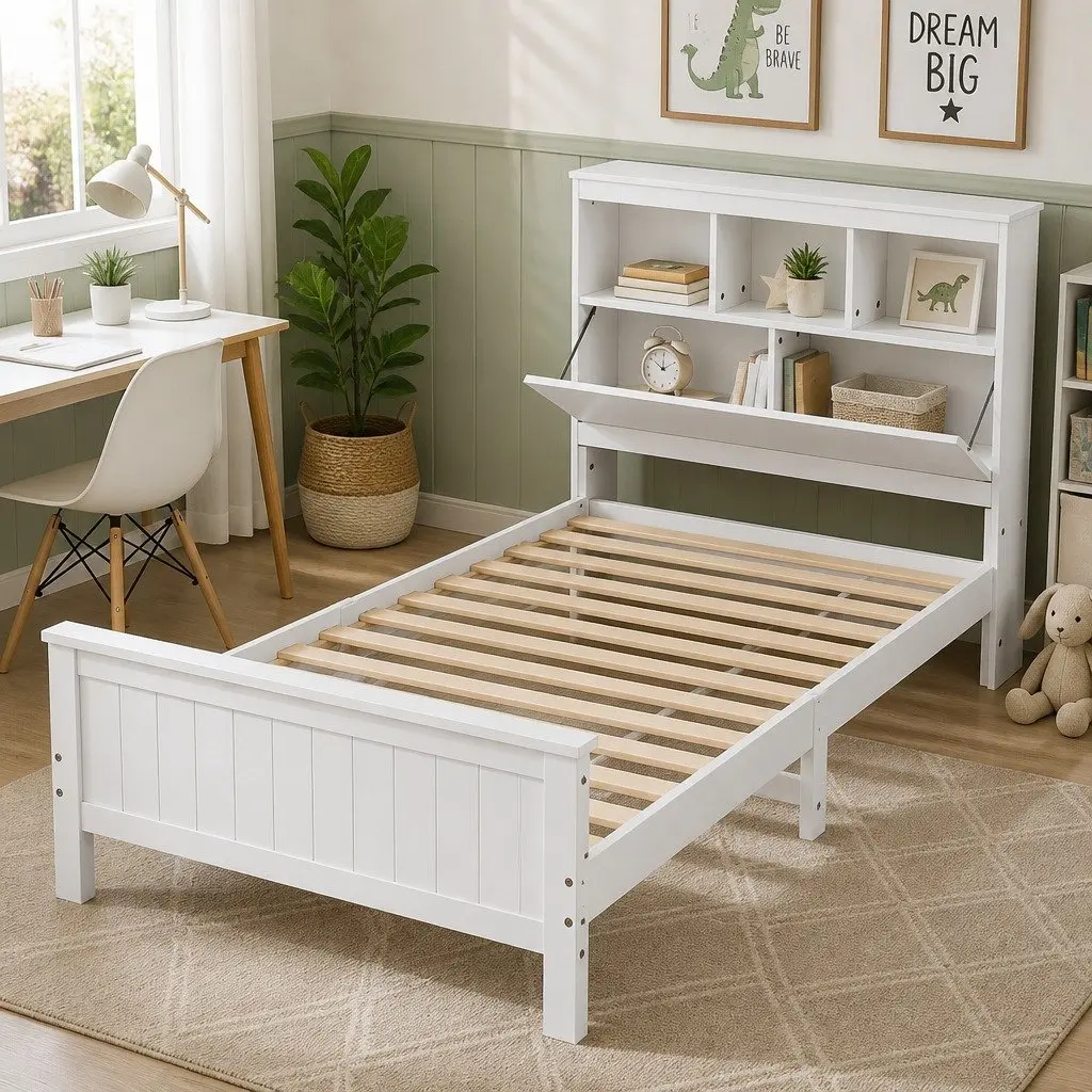 Single Bed Frame with Storage Headboard Footboard Wooden Bed Base White