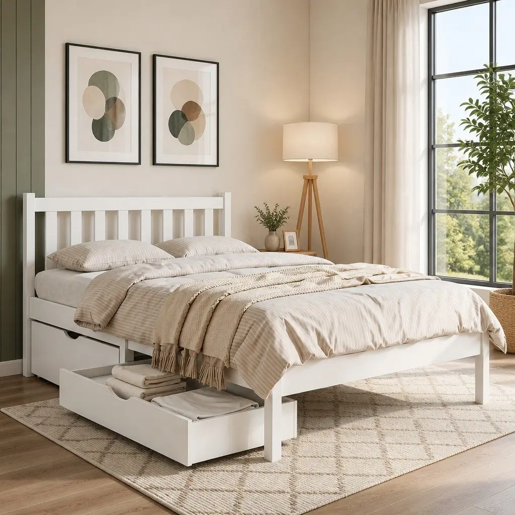 King Single Bed Frame Wooden Platform with Storage Drawers White