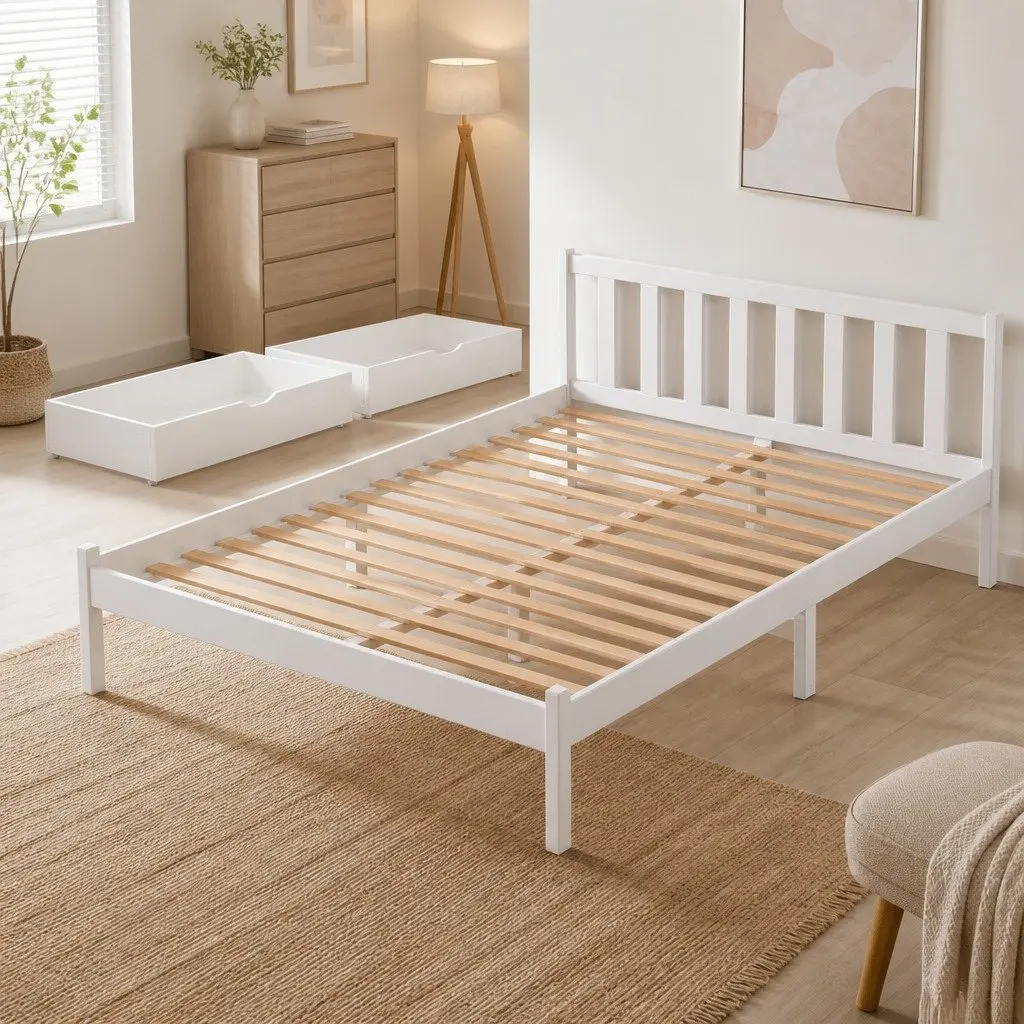 Queen Size Bed Frame Wooden Platform with 2 Storage Drawers White