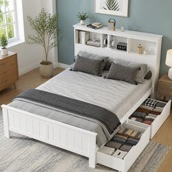 Double Bed Frame Wooden White Headboard Storage Shelves Kids Adults Bedroom