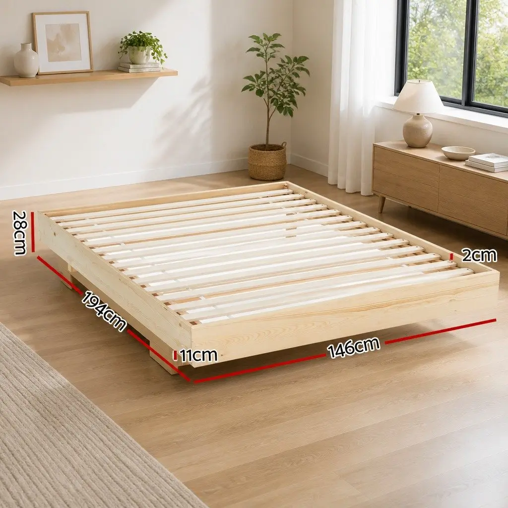 Double Bed Frame Floating Design Wooden Platform Slat Base Pine Bedroom