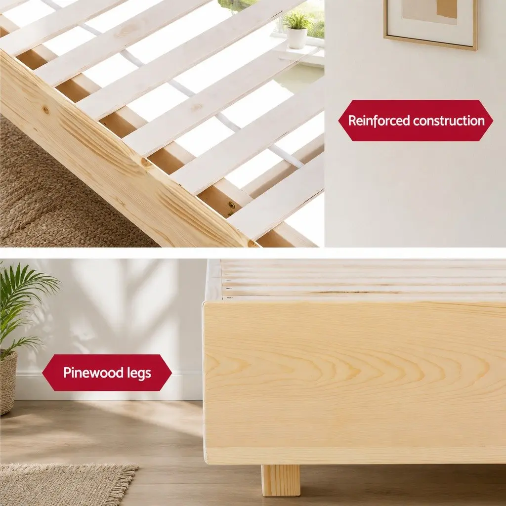Double Bed Frame Floating Design Wooden Platform Slat Base Pine Bedroom
