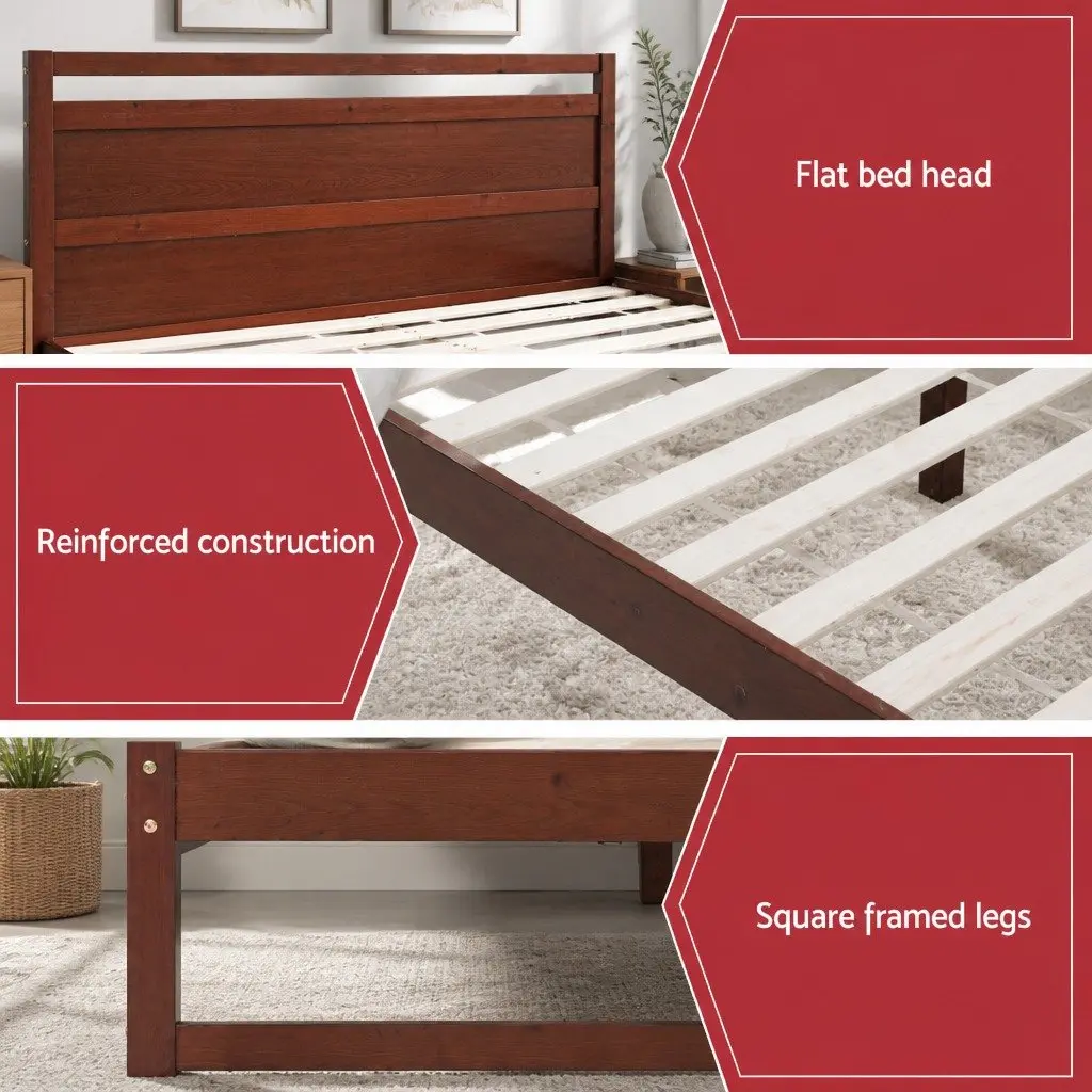 Queen Bed Frame Wooden Slats Flat Head Walnut Colour Modern Bedroom Furniture