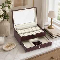 12 Grids Watch Box Organizer Case Jewelry Display Storage Brown Two-Tier