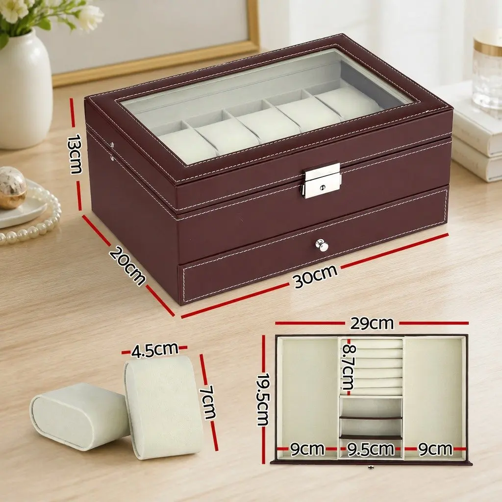 Watch Box Organizer Two-Tier Large Capacity Brown Faux Leather with Clear Glass Lid for Watches and Jewelry Storage