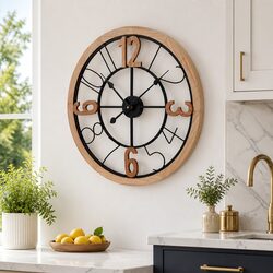 60cm Wall Clock with Metal and MDF Frame, Black and Pine, Large Arabic Numerals