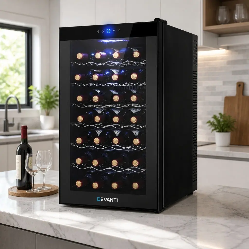 Wine Fridge Cooler Thermoelectric Temperature Control 28 Bottles Black