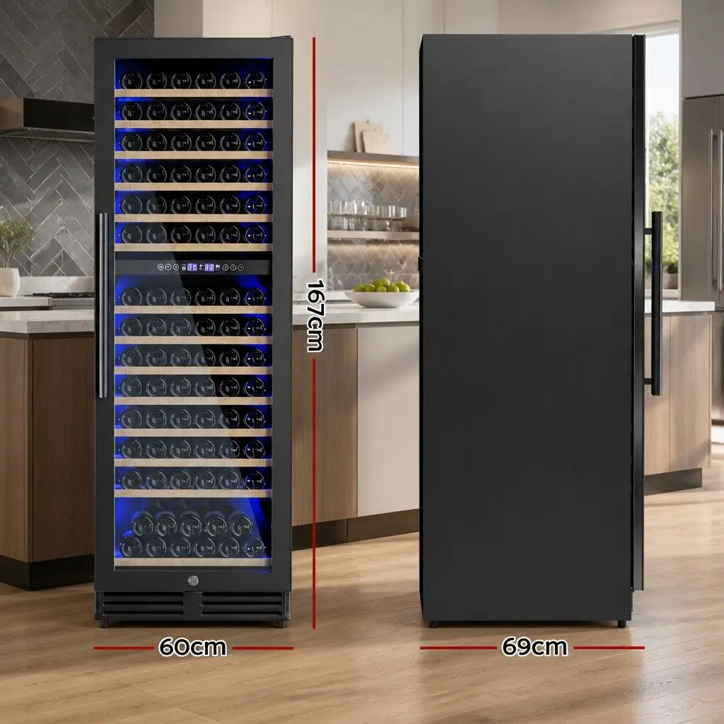 Wine Fridge Cooler Dual Zone 154 Bottles Black Compressor Refrigerant Wooden Racks