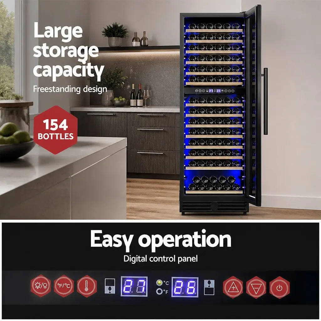 Wine Fridge Cooler Dual Zone 154 Bottles Black Compressor Refrigerant Wooden Racks