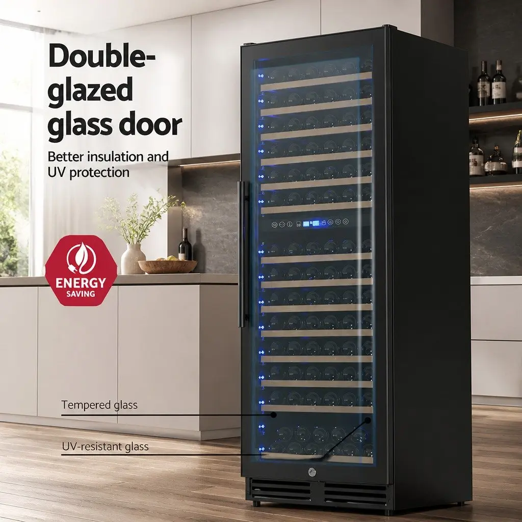 Wine Fridge Cooler Dual Zone 154 Bottles Black Compressor Refrigerant Wooden Racks