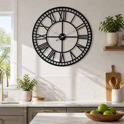 Large 60cm Wall Clock Black Metal Roman Numerals Home Decor Living Room Elegant