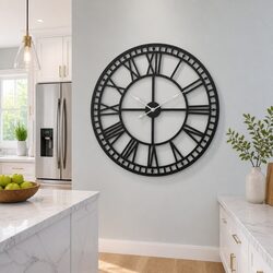 80cm Large Wall Clock Roman Numerals Metal Black Vintage Home Decor