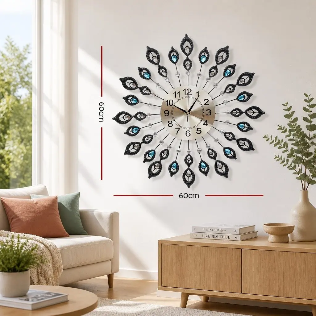 Large 3D Peacock Metal Wall Clock 60cm Home Decor Northern European Style