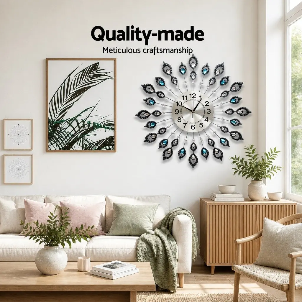 Large 3D Peacock Metal Wall Clock 60cm Home Decor Northern European Style