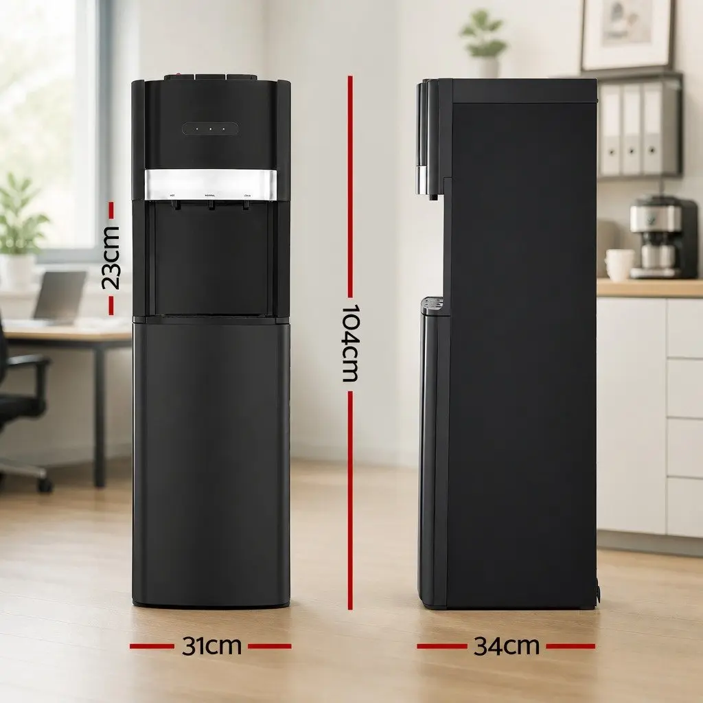 Water Cooler Dispenser Bottom Loading 3 Tap Hot Cold Normal Temperature Black Stainless Steel ABS