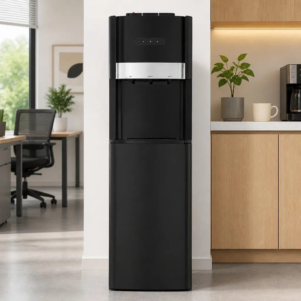Water Cooler Dispenser Bottom Loading 3 Tap Hot Cold Normal Temperature Black Stainless Steel ABS