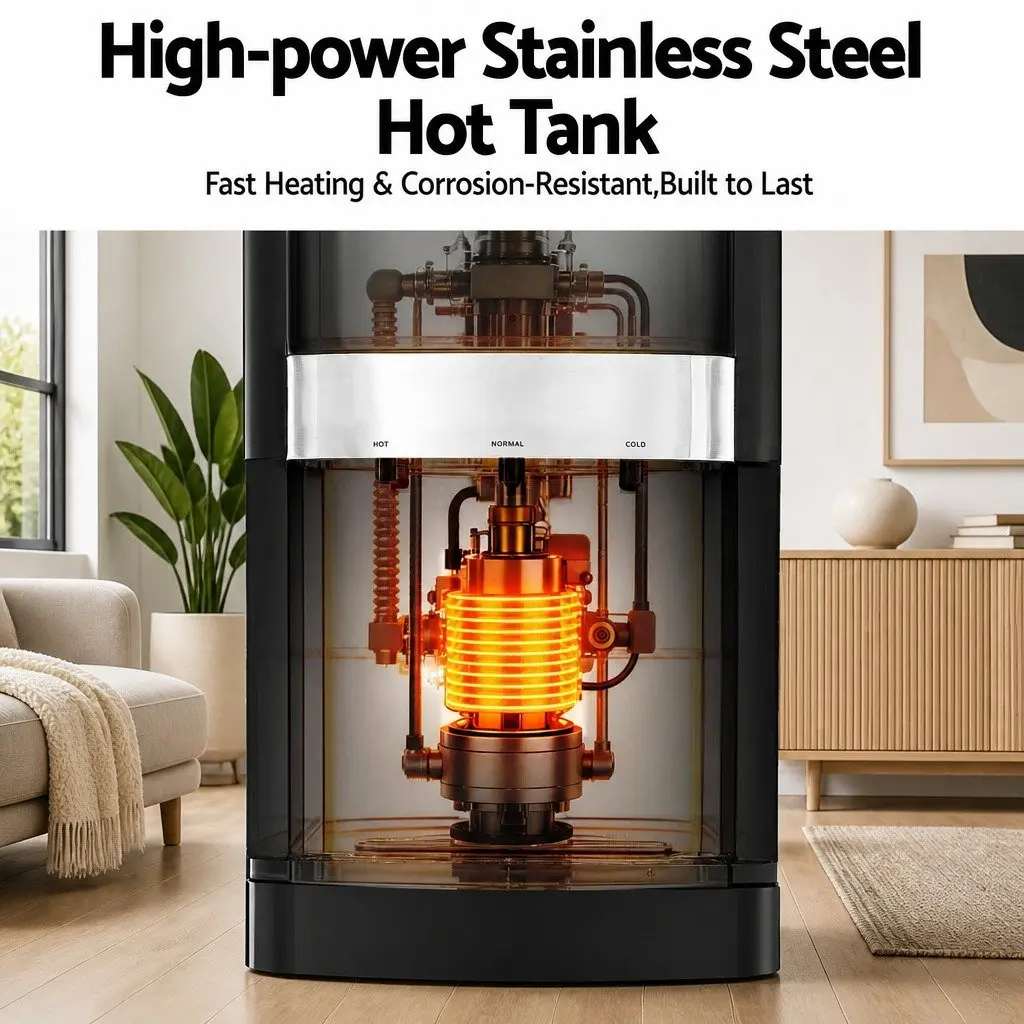 Water Cooler Dispenser Bottom Loading 3 Tap Hot Cold Normal Temperature Black Stainless Steel ABS