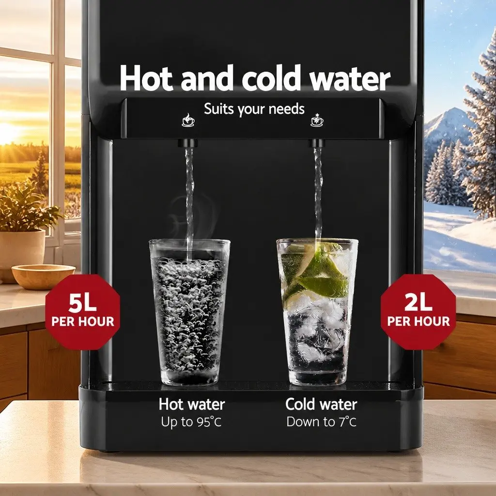 Water Dispenser Bench Top Hot Cold Dual Tap Black Compact Kitchen Appliance