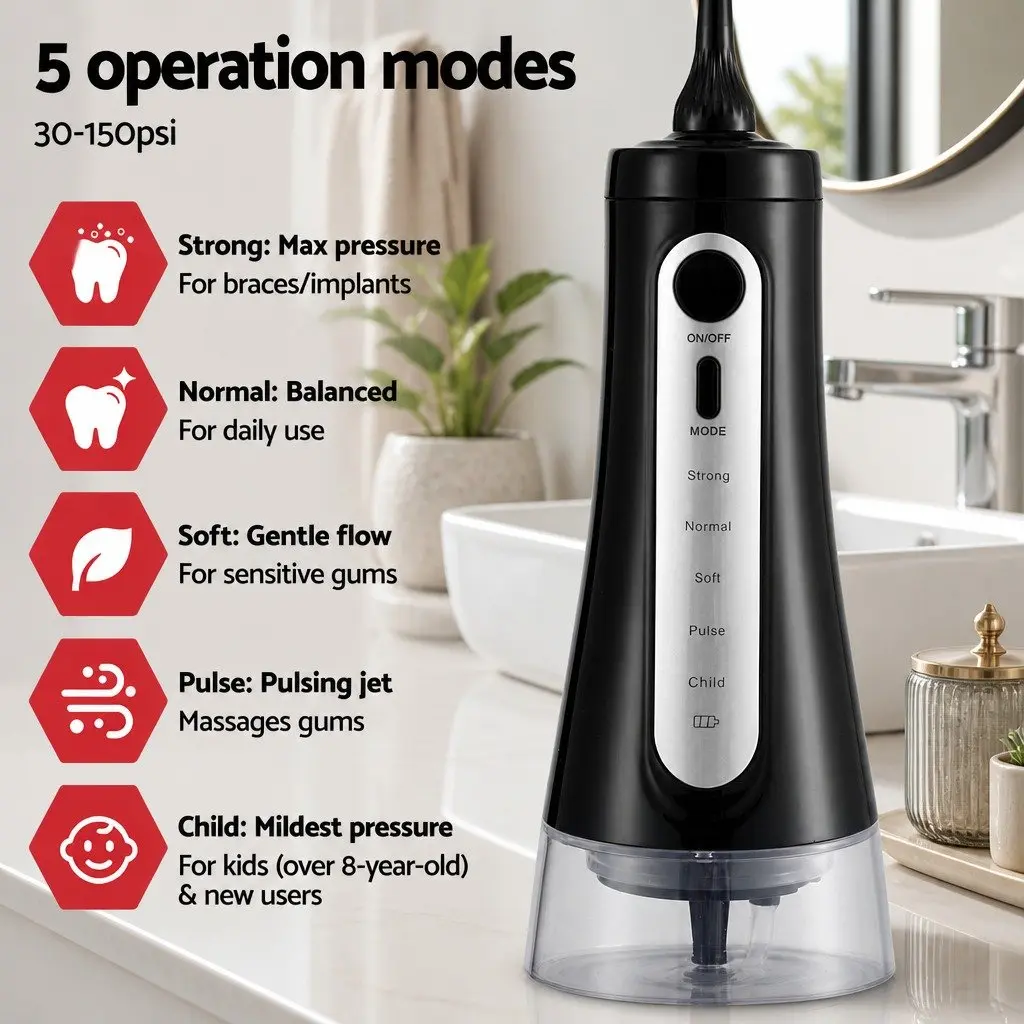 Cordless Water Flosser Oral Irrigator 5 Modes 350ml Tank Black