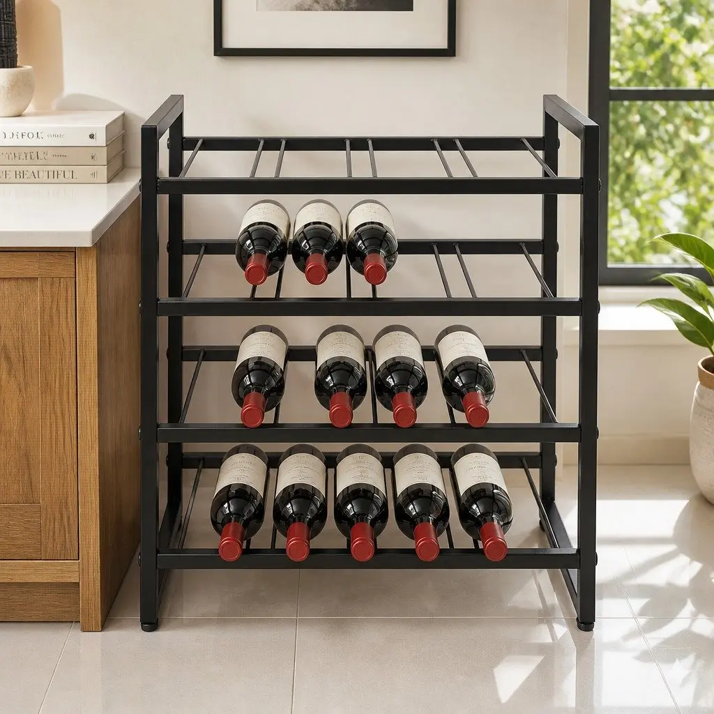 Wine Rack 4-Tier Metal Storage Display Organizer 16 Bottle Capacity Black