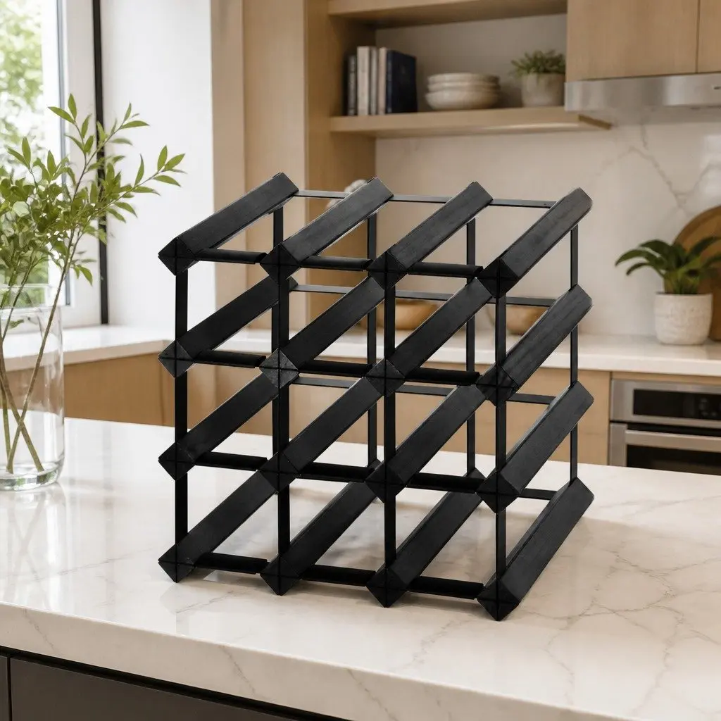 Wine Rack 12 Bottle Black Timber Storage Display Stand for Home Kitchen Cellar
