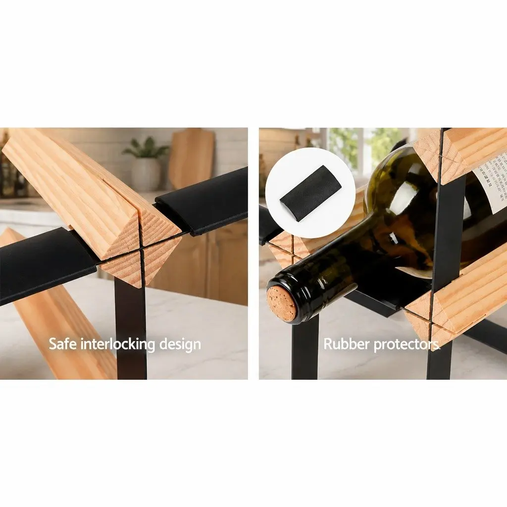 Wine Rack Solid Pine Wood Steel Frame 12 Bottle Kitchen Storage Organiser Display Natural