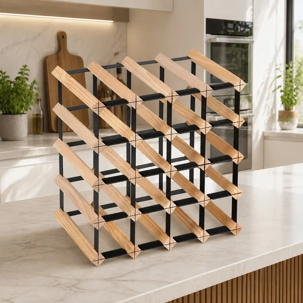 Wine Rack 20 Bottle Pine Wood Steel Frame Storage Display Organiser Kitchen
