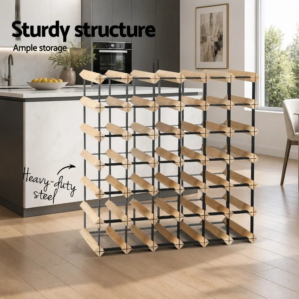 Wine Rack 42 Bottle Storage Pine Wood Steel Frame Organiser Natural Colour