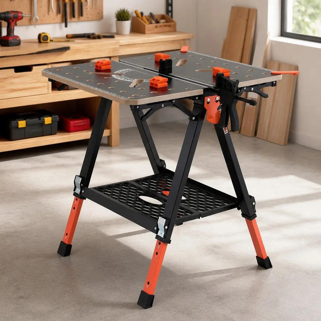 Portable Folding Work Table Adjustable Height Heavy-Duty Steel Frame Black or Orange