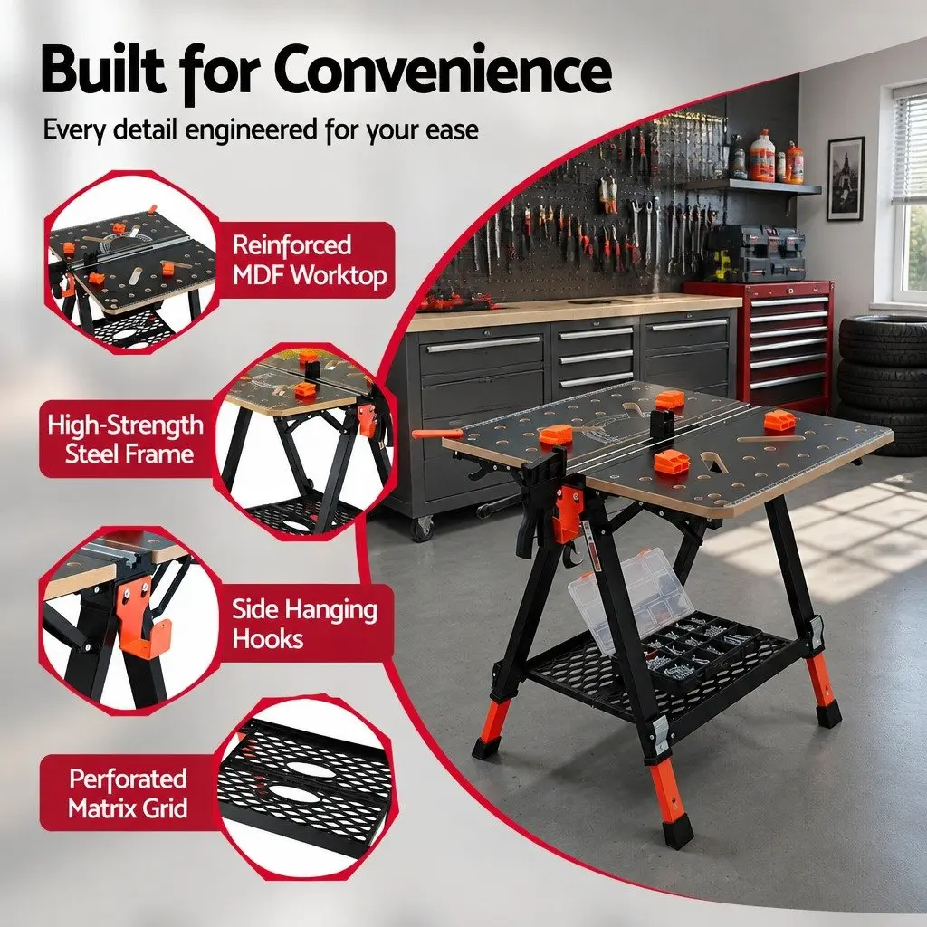 Portable Folding Work Table Adjustable Height Heavy-Duty Steel Frame Black or Orange