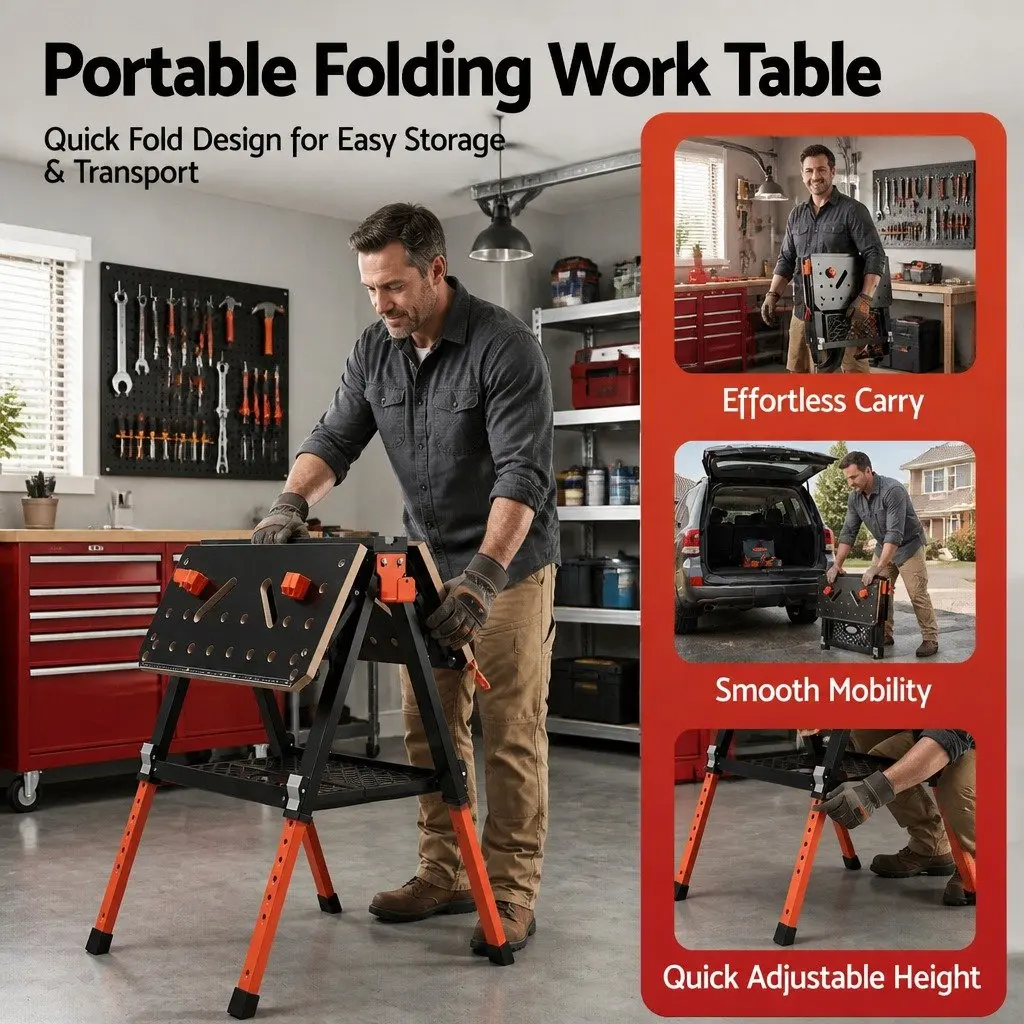 Portable Folding Work Table Adjustable Height Heavy-Duty Steel Frame Black or Orange