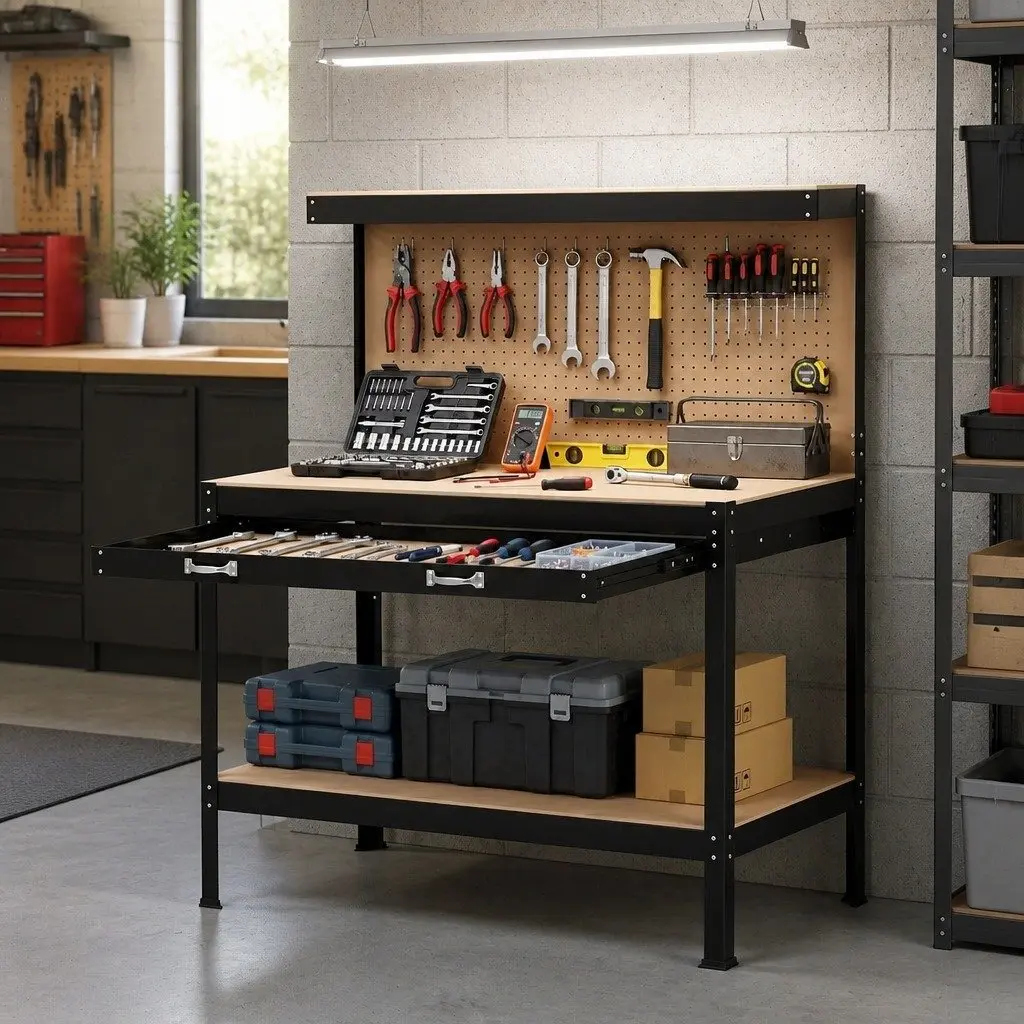 Workbench with Pegboard 120cm Ultra-Wide Drawer Black