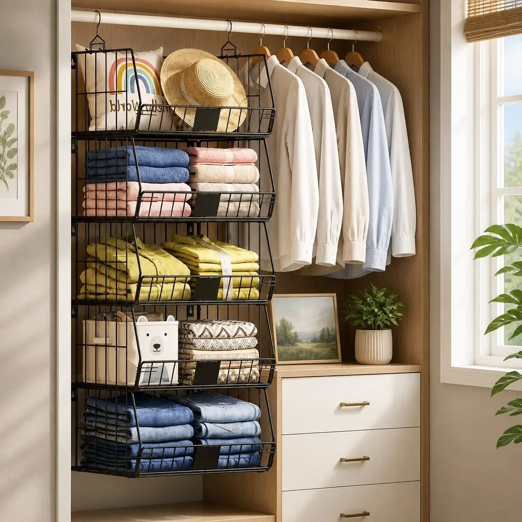 5 Tier Stackable Closet Organizer Hanging Storage Shelves Wardrobe Clothes