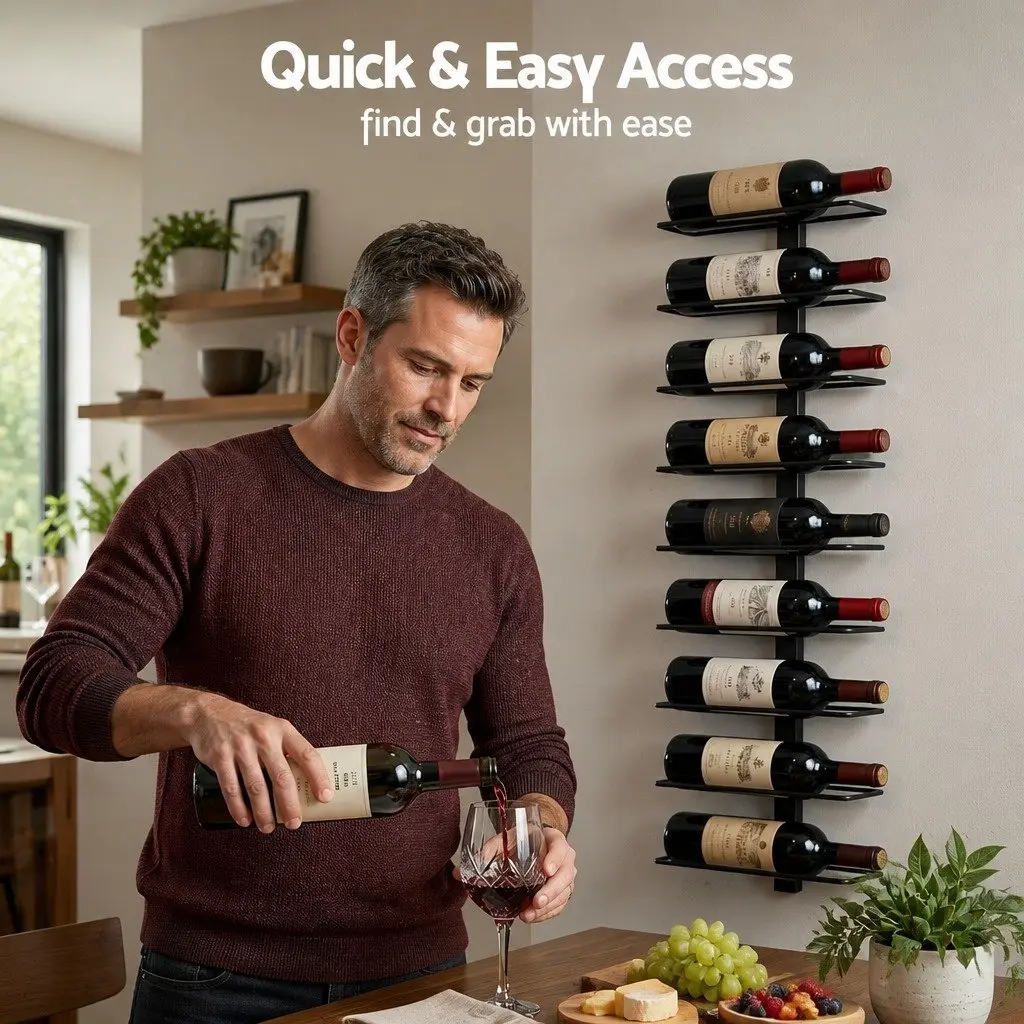 Wall Mounted Wine Rack Vertical Storage Organizer 9 Bottles Black Metal