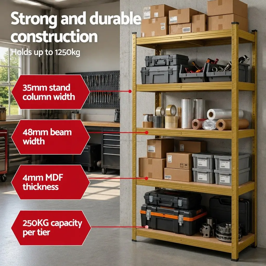 Garage Storage Shelving Unit Heavy Duty Five-Tier Yellow Powder-Coated Steel Frame