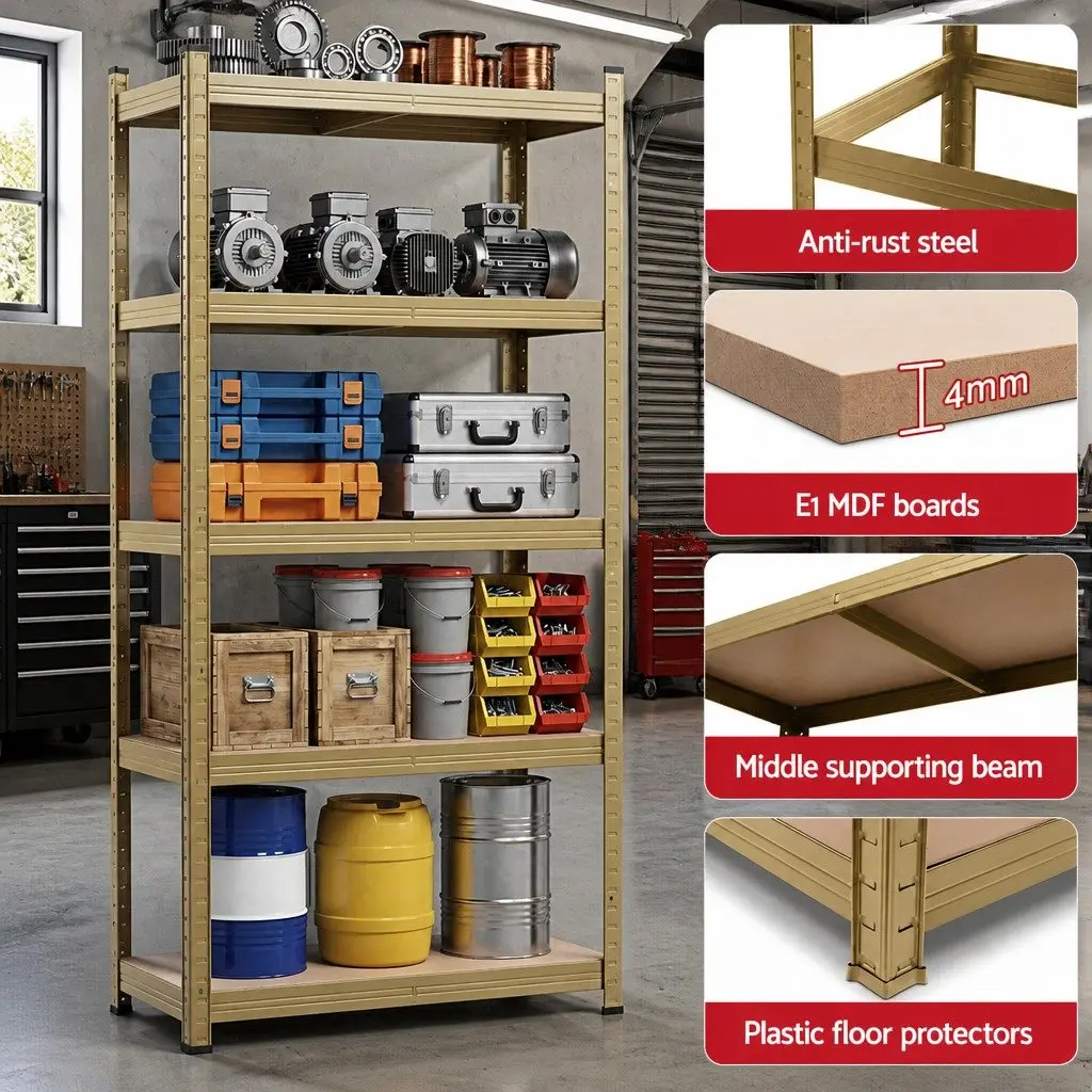 Garage Storage Shelving Unit Heavy Duty Five-Tier Yellow Powder-Coated Steel Frame