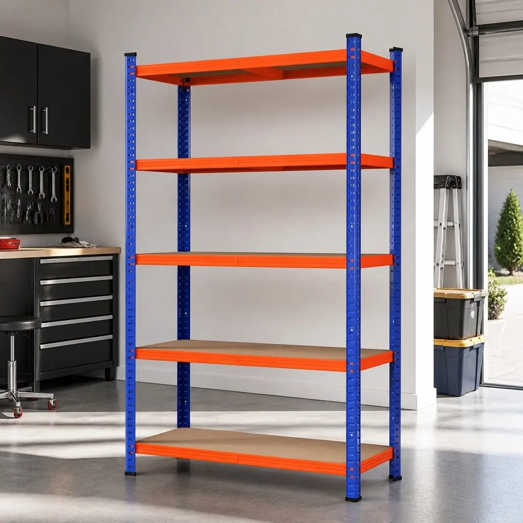 5-Tier Heavy Duty Garage Storage Rack Powder-Coated Steel MDF Shelving Unit Orange Blue