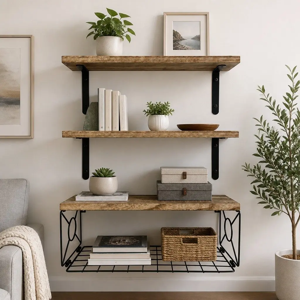 Floating Wall Shelf 3 Pcs Set DIY Wall Mount Display Shelves Storage Basket Rack