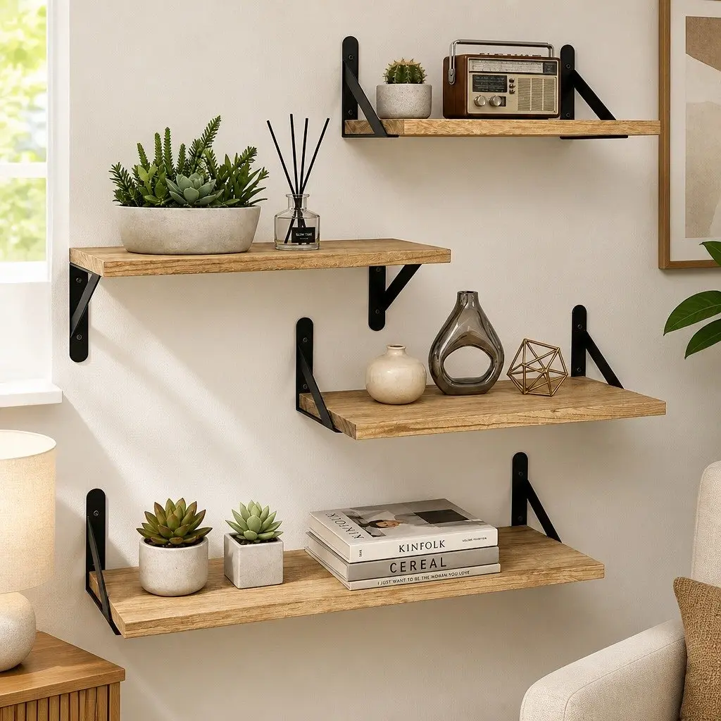 Floating Wall Shelves 4Pcs Rustic Wood Storage Display Rack Bookshelf Set