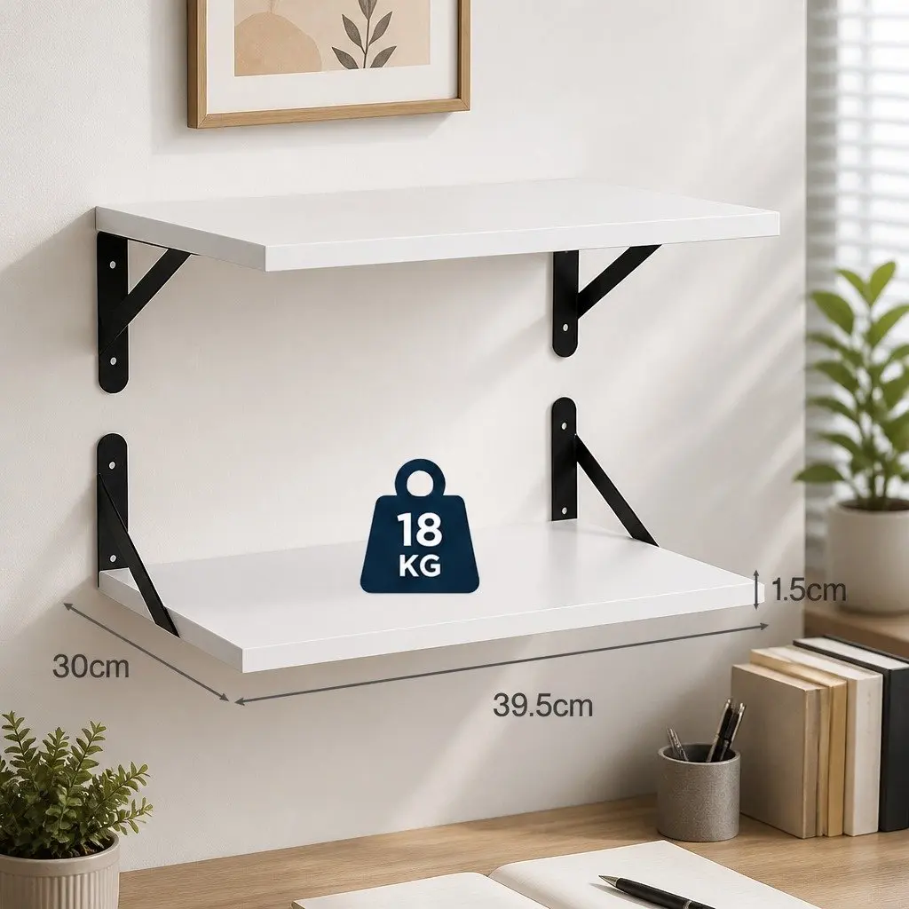 Floating Wall Shelves Deep Mounted Storage 2 Piece White Chipboard for Bedroom Living Room