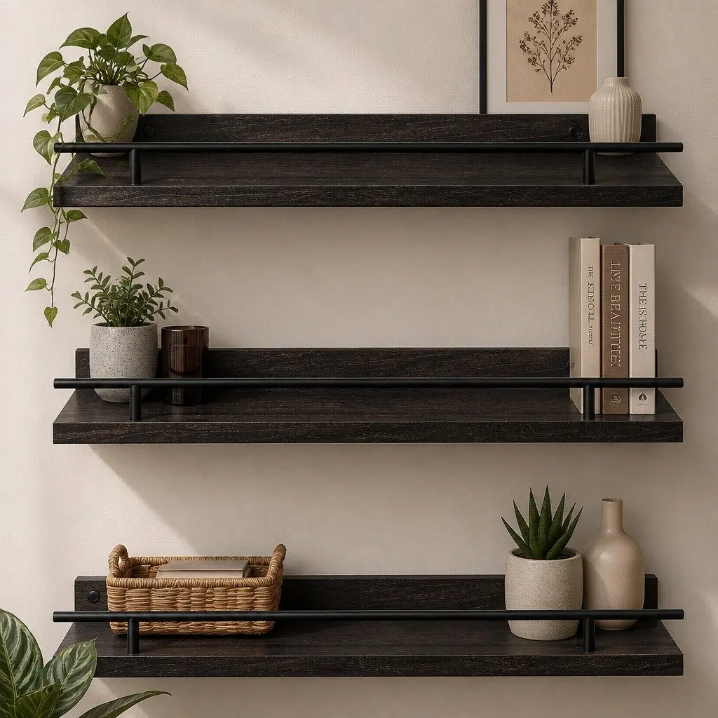 Floating Wall Shelves Set of 3 Wall Mounted Storage Display Rack Black Paulownia Wood with Metal Brackets and Guard Rail